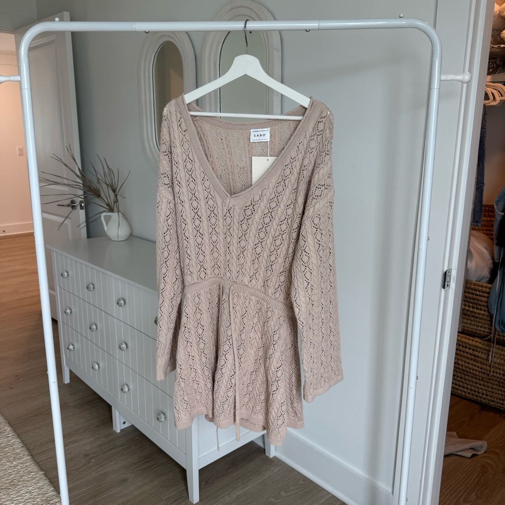 Beige Knit V-Neck Dress - Picture 3 of 4